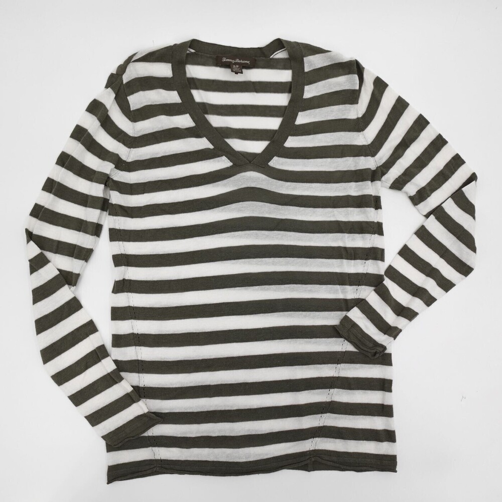 Tommy Bahama T-Shirt Womens Small Olive Linen Striped Long Sleeve V-Neck Rayon